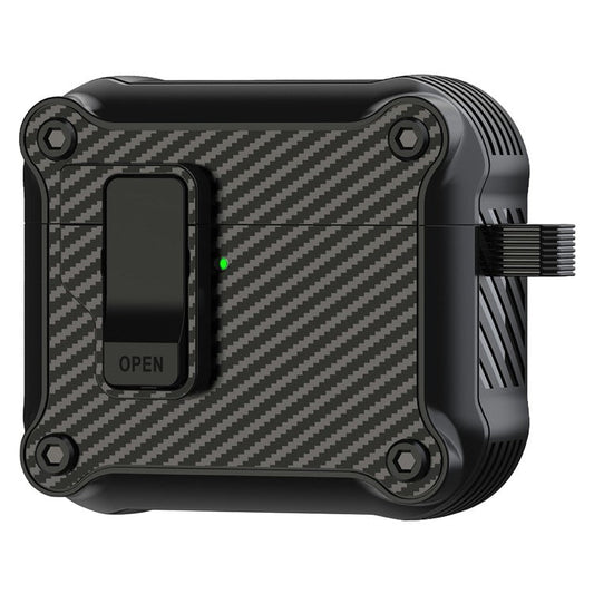 For AirPods 4 Case TPU+PC Carbon Fiber Texture Bluetooth Earbuds Cover with Carabiner - Black