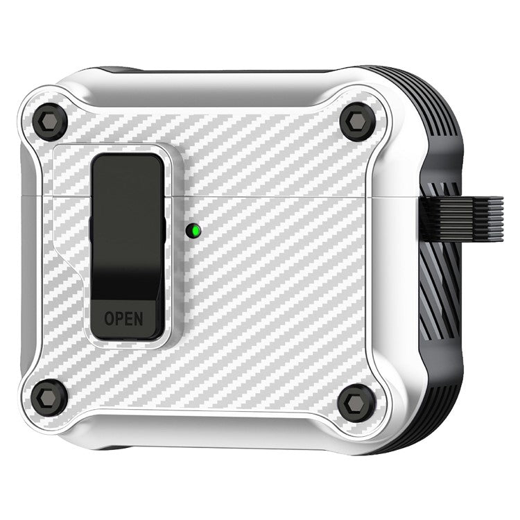 For AirPods 4 Case TPU+PC Carbon Fiber Texture Bluetooth Earbuds Cover with Carabiner - White