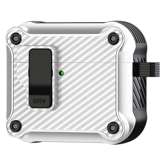 For AirPods 4 Case TPU+PC Carbon Fiber Texture Bluetooth Earbuds Cover with Carabiner - White