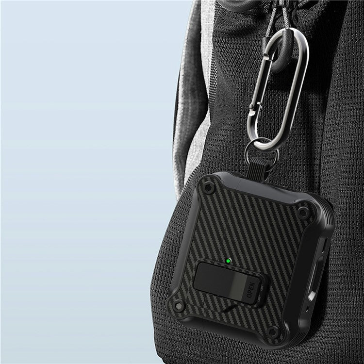 For AirPods 4 Case TPU+PC Carbon Fiber Texture Bluetooth Earbuds Cover with Carabiner - White