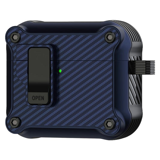 For AirPods 4 Case TPU+PC Carbon Fiber Texture Bluetooth Earbuds Cover with Carabiner - Dark Blue