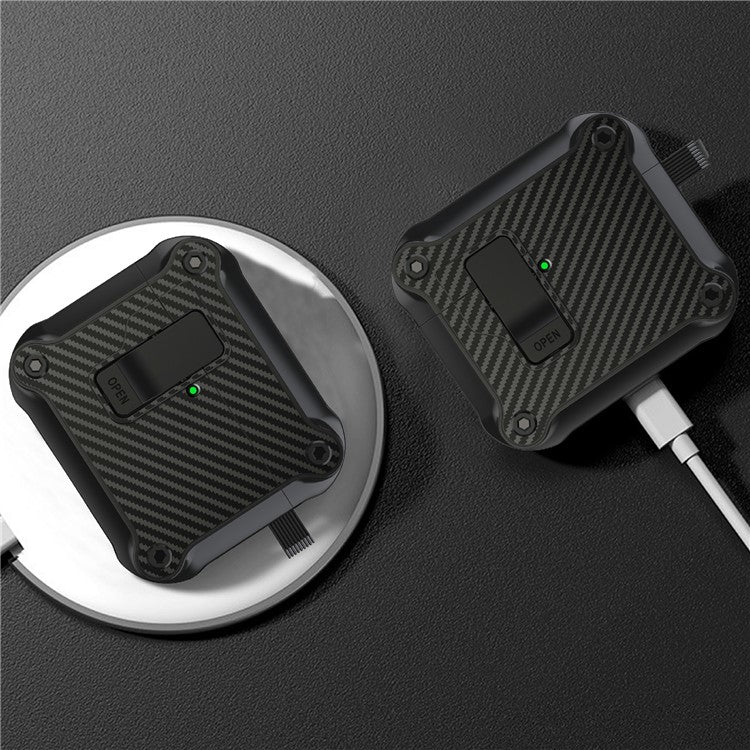 For AirPods 4 Case TPU+PC Carbon Fiber Texture Bluetooth Earbuds Cover with Carabiner - Red