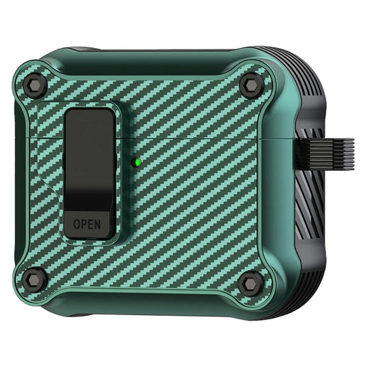 For AirPods 4 Case TPU+PC Carbon Fiber Texture Bluetooth Earbuds Cover with Carabiner - Green