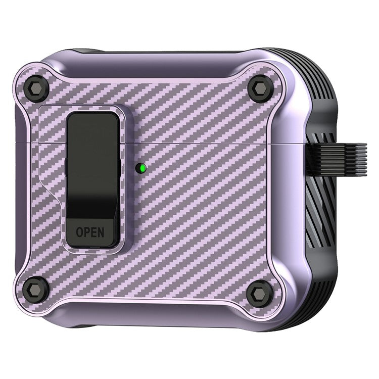 For AirPods 4 Case TPU+PC Carbon Fiber Texture Bluetooth Earbuds Cover with Carabiner - Purple