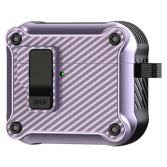 For AirPods 4 Case TPU+PC Carbon Fiber Texture Bluetooth Earbuds Cover with Carabiner - Purple