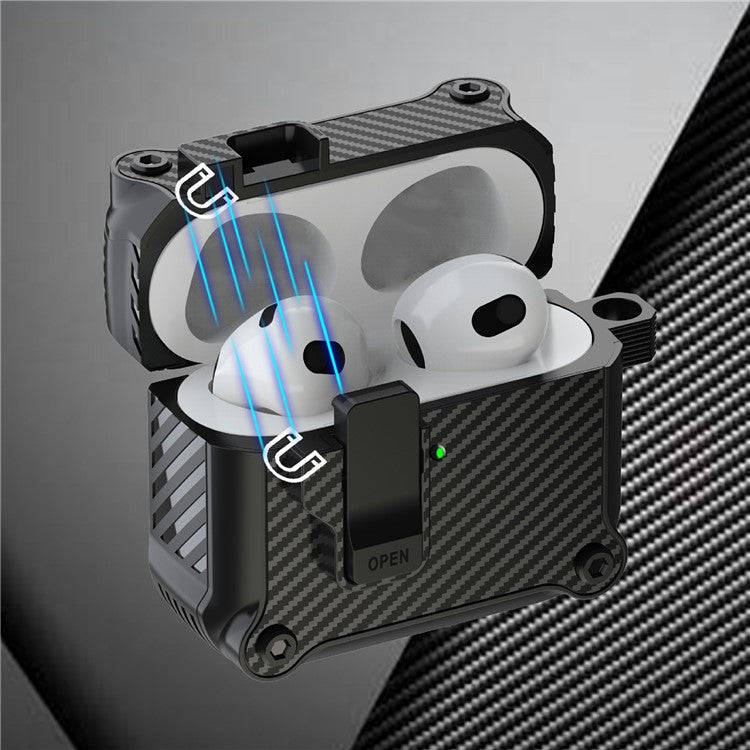 For AirPods 4 Case TPU+PC Carbon Fiber Texture Bluetooth Earbuds Cover with Carabiner - Purple