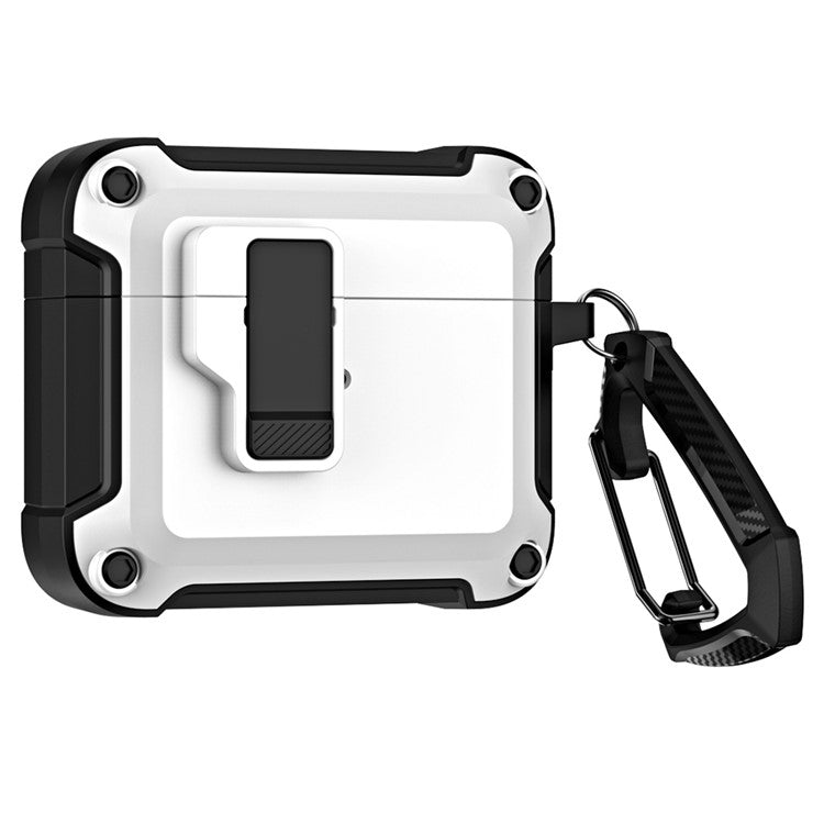 For AirPods 4 Earphone Case Automatic Eject TPU+PC Protective Cover with Carabiner - White