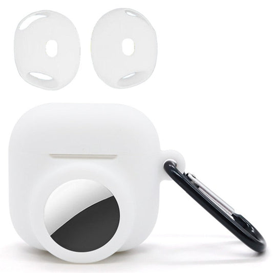 Silicone Case Combo Set for Apple AirPods 4 / AirTag Cover with 2Pcs Earphone Cap and Carabiner - White