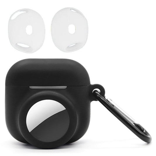 Silicone Case Combo Set for Apple AirPods 4 / AirTag Cover with 2Pcs Earphone Cap and Carabiner - Black