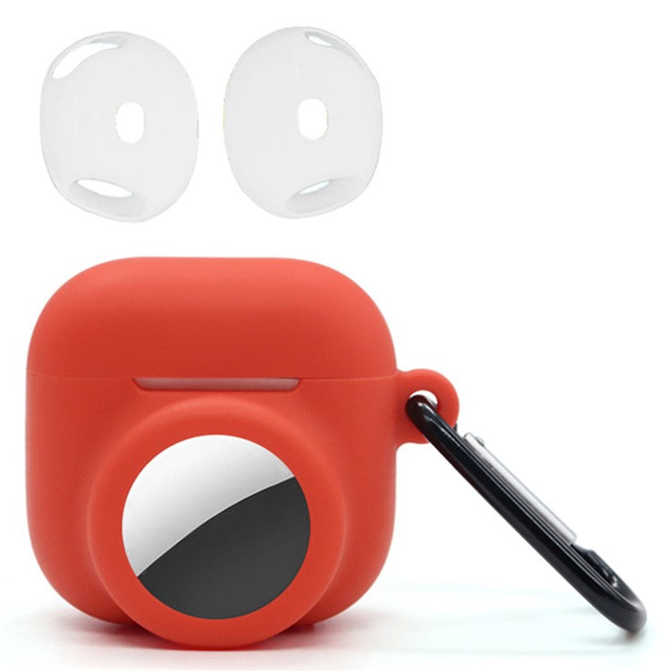 Silicone Case Combo Set for Apple AirPods 4 / AirTag Cover with 2Pcs Earphone Cap and Carabiner - Red