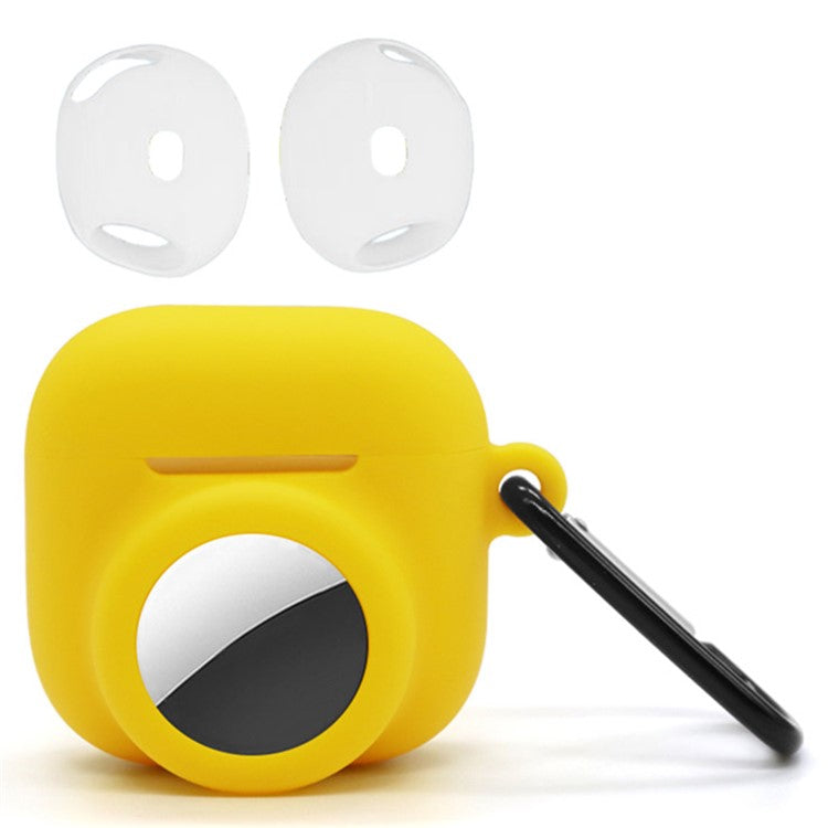 Silicone Case Combo Set for Apple AirPods 4 / AirTag Cover with 2Pcs Earphone Cap and Carabiner - Yellow