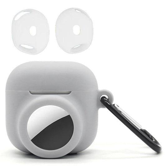 Silicone Case Combo Set for Apple AirPods 4 / AirTag Cover with 2Pcs Earphone Cap and Carabiner - Grey