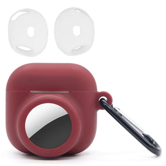 Silicone Case Combo Set for Apple AirPods 4 / AirTag Cover with 2Pcs Earphone Cap and Carabiner - Wine Red