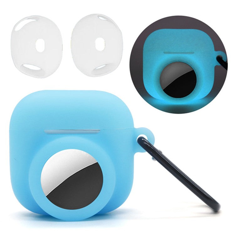 Silicone Case Combo Set for Apple AirPods 4 / AirTag Cover with 2Pcs Earphone Cap and Carabiner - Luminous Blue
