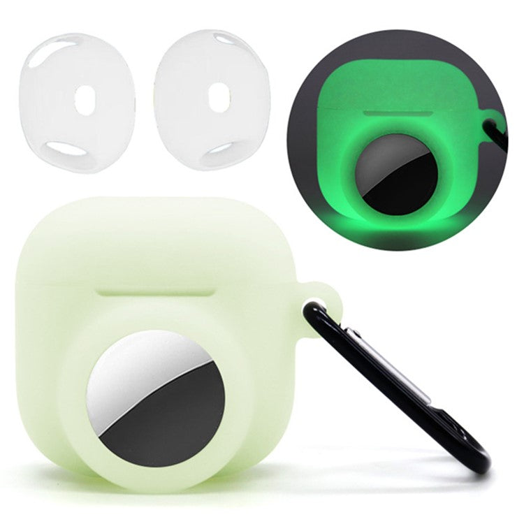 Silicone Case Combo Set for Apple AirPods 4 / AirTag Cover with 2Pcs Earphone Cap and Carabiner - Luminous Green