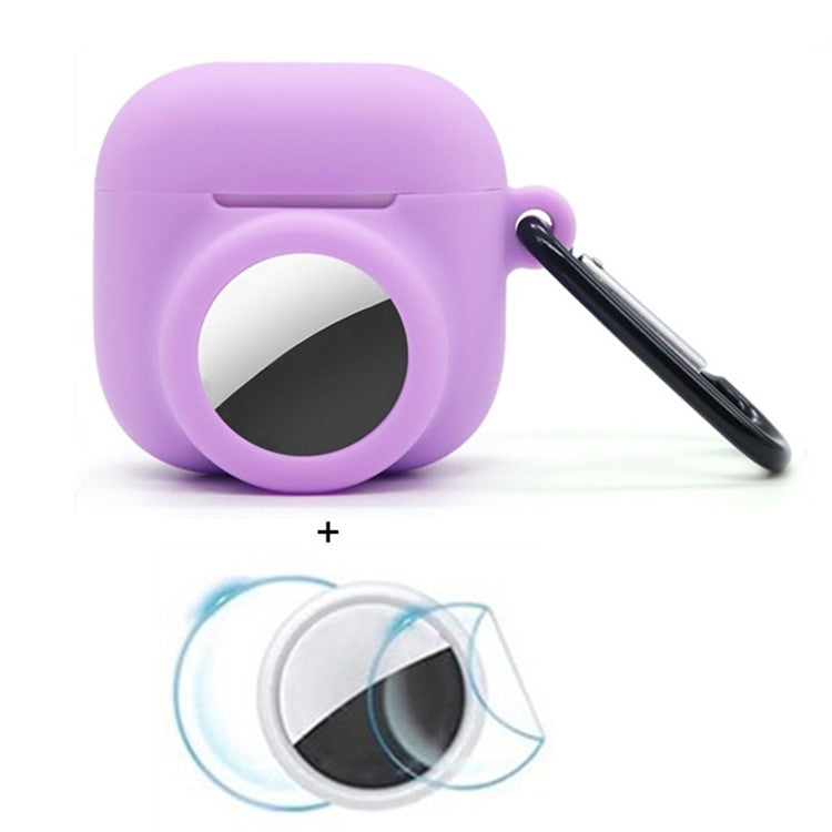 For Apple AirPods 4 / AirTag Silicone Case Earphone Tracker Cover with Carabiner, with Front Back Film Set - Purple