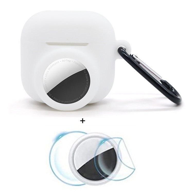 For Apple AirPods 4 / AirTag Silicone Case Earphone Tracker Cover with Carabiner, with Front Back Film Set - White