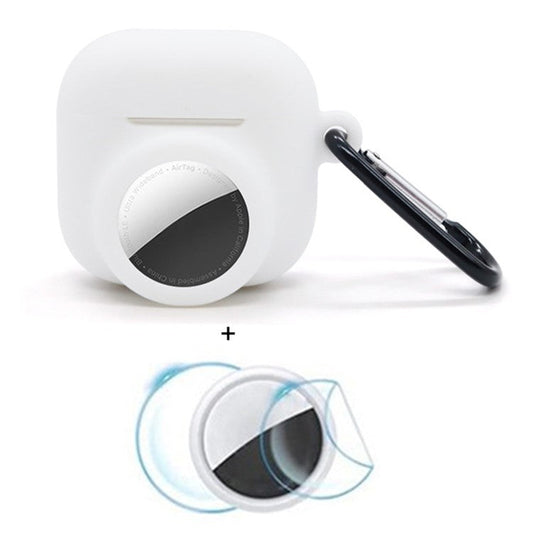 For Apple AirPods 4 / AirTag Silicone Case Earphone Tracker Cover with Carabiner, with Front Back Film Set - White