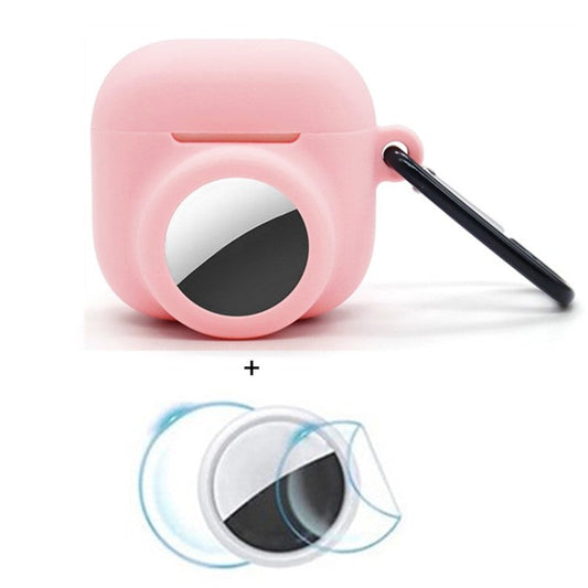 For Apple AirPods 4 / AirTag Silicone Case Earphone Tracker Cover with Carabiner, with Front Back Film Set - Pink
