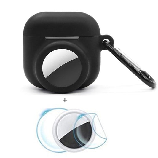 For Apple AirPods 4 / AirTag Silicone Case Earphone Tracker Cover with Carabiner, with Front Back Film Set - Black