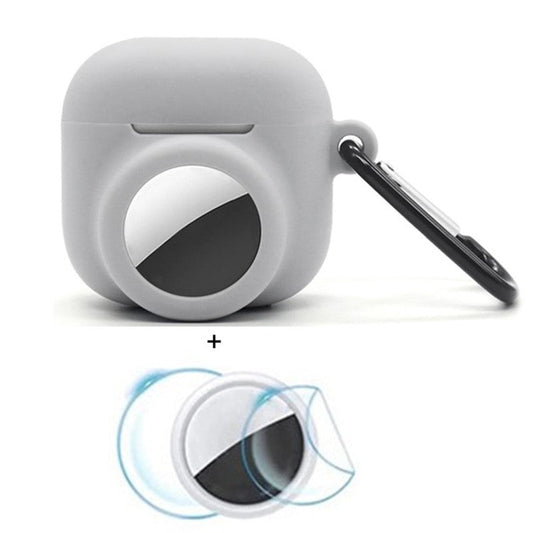 For Apple AirPods 4 / AirTag Silicone Case Earphone Tracker Cover with Carabiner, with Front Back Film Set - Grey