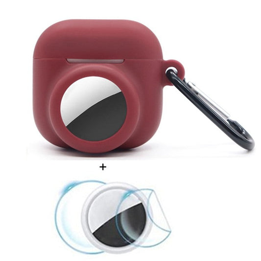 For Apple AirPods 4 / AirTag Silicone Case Earphone Tracker Cover with Carabiner, with Front Back Film Set - Wine Red