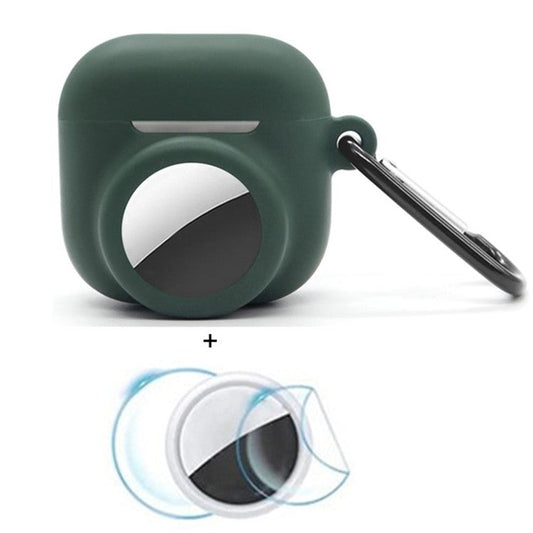 For Apple AirPods 4 / AirTag Silicone Case Earphone Tracker Cover with Carabiner, with Front Back Film Set - Blackish Green