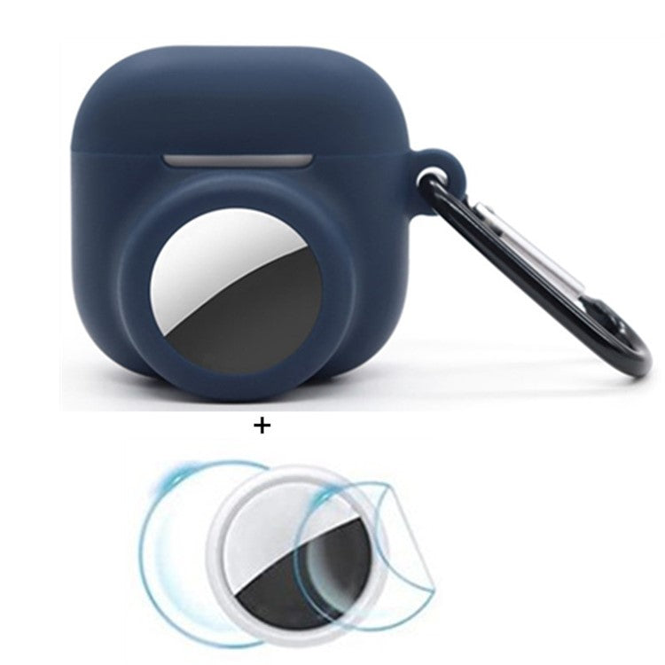 For Apple AirPods 4 / AirTag Silicone Case Earphone Tracker Cover with Carabiner, with Front Back Film Set - Dark Blue