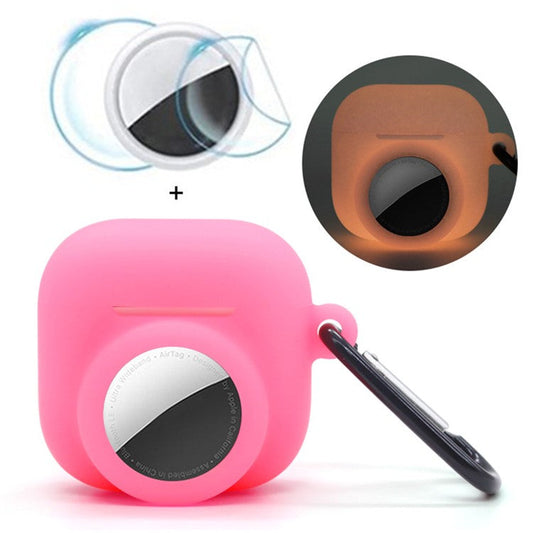 For Apple AirPods 4 / AirTag Silicone Case Earphone Tracker Cover with Carabiner, with Front Back Film Set - Luminous Pink