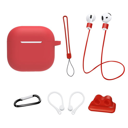 6 in 1 Headset Accessories for AirPods 4 Silicone Case + Carrying Strap + Earphone Holder + Ear Hooks + Neck Strap + Keychain - Red