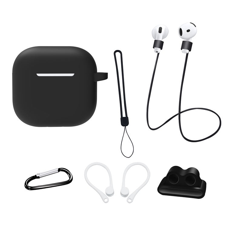 6 in 1 Headset Accessories for AirPods 4 Silicone Case + Carrying Strap + Earphone Holder + Ear Hooks + Neck Strap + Keychain - Black