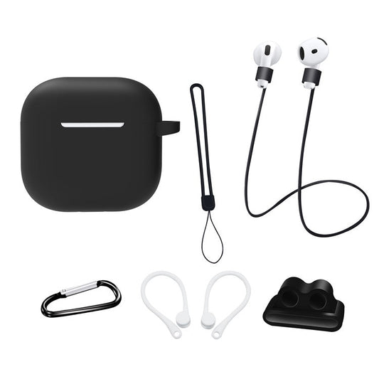 6 in 1 Headset Accessories for AirPods 4 Silicone Case + Carrying Strap + Earphone Holder + Ear Hooks + Neck Strap + Keychain - Black
