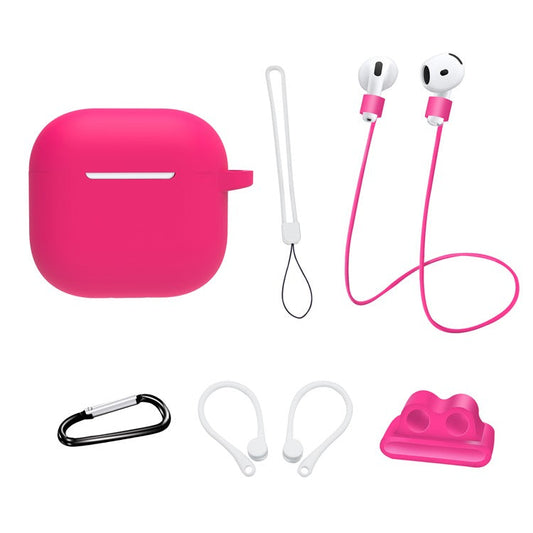 6 in 1 Headset Accessories for AirPods 4 Silicone Case + Carrying Strap + Earphone Holder + Ear Hooks + Neck Strap + Keychain - Rose
