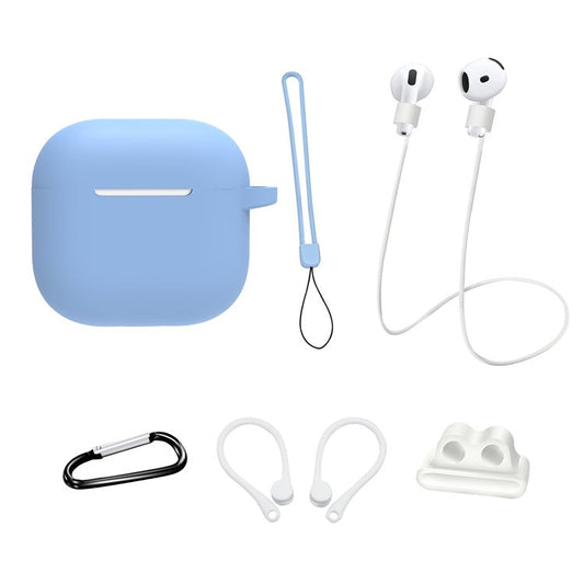 6 in 1 Headset Accessories for AirPods 4 Silicone Case + Carrying Strap + Earphone Holder + Ear Hooks + Neck Strap + Keychain - Sky Blue