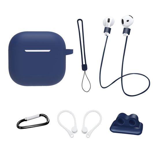 6 in 1 Headset Accessories for AirPods 4 Silicone Case + Carrying Strap + Earphone Holder + Ear Hooks + Neck Strap + Keychain - Midnight Blue