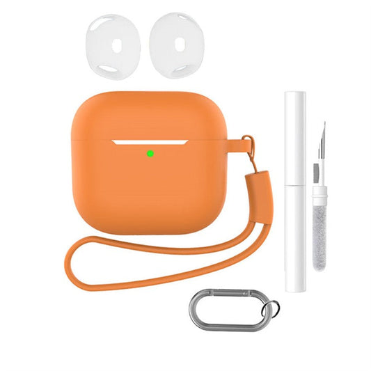 For AirPods 4 Earphone Silicone Case Set with Anti-Lost Keychain, Strap, Ear Tips, Cleaning Pen - Orange