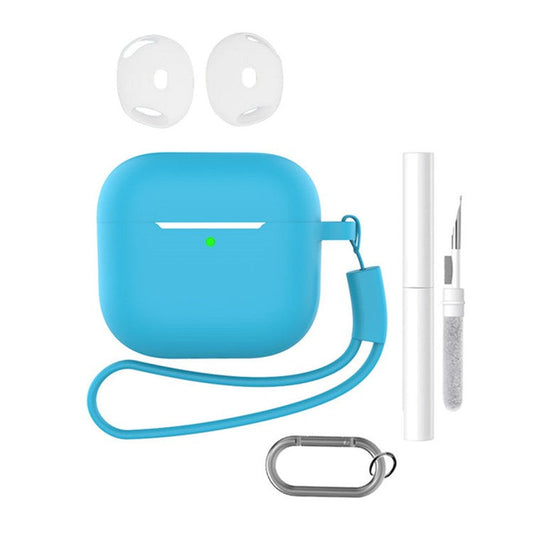 For AirPods 4 Earphone Silicone Case Set with Anti-Lost Keychain, Strap, Ear Tips, Cleaning Pen - Sky Blue