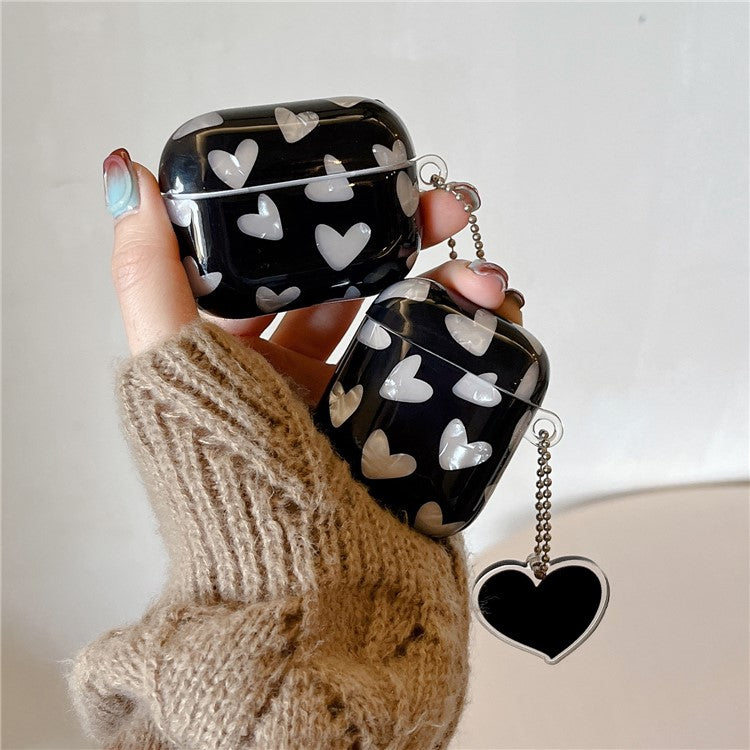 For AirPods 4 Earphone Case Shell Pattern Heart TPU Cover with Heart Pendant - Black
