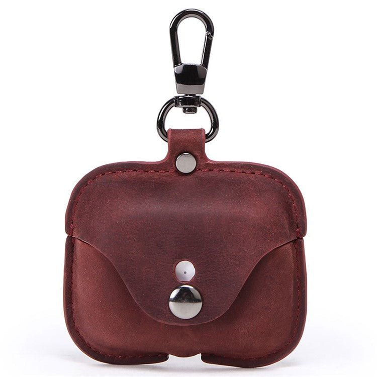 CONTACTS FAMILY Vintage Style Crazy Horse Texture Bluetooth Earphone Genuine Leather Protective Case Cover with Key Chain for Apple AirPods Pro - Wine Red