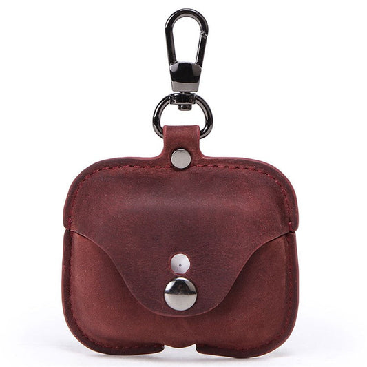 CONTACTS FAMILY Vintage Style Crazy Horse Texture Bluetooth Earphone Genuine Leather Protective Case Cover with Key Chain for Apple AirPods Pro - Wine Red