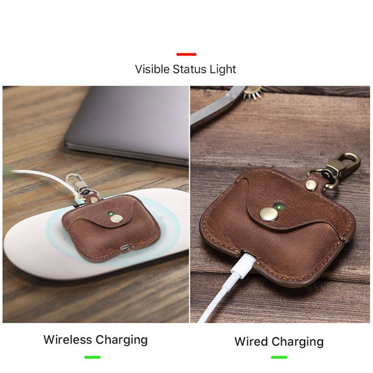 CONTACTS FAMILY Vintage Style Crazy Horse Texture Bluetooth Earphone Genuine Leather Protective Case Cover with Key Chain for Apple AirPods Pro - Brown
