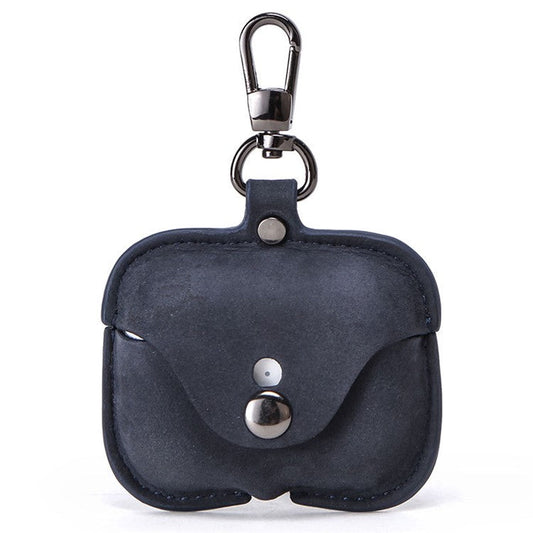 CONTACTS FAMILY Vintage Style Crazy Horse Texture Bluetooth Earphone Genuine Leather Protective Case Cover with Key Chain for Apple AirPods Pro - Sapphire