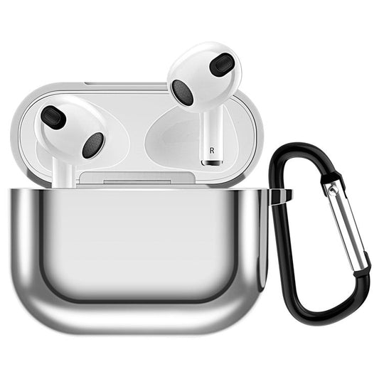 Plating TPU Soft Cover Shockproof Full Protective Case with Keychain for AirPods 3 - Silver
