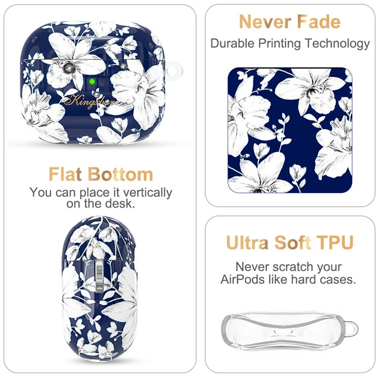KINGXBAR Flower Pattern Anti-drop Soft TPU Protective Case Bluetooth Earphone Cover with Keyring for Apple AirPods 3 - Lily