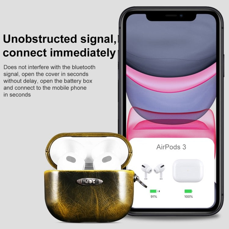 For Apple AirPods Pro Earphone Protective Case Waxy PU Leather Earbuds Charging Box Anti-scratch Cover with Hanging Buckle - Yellow