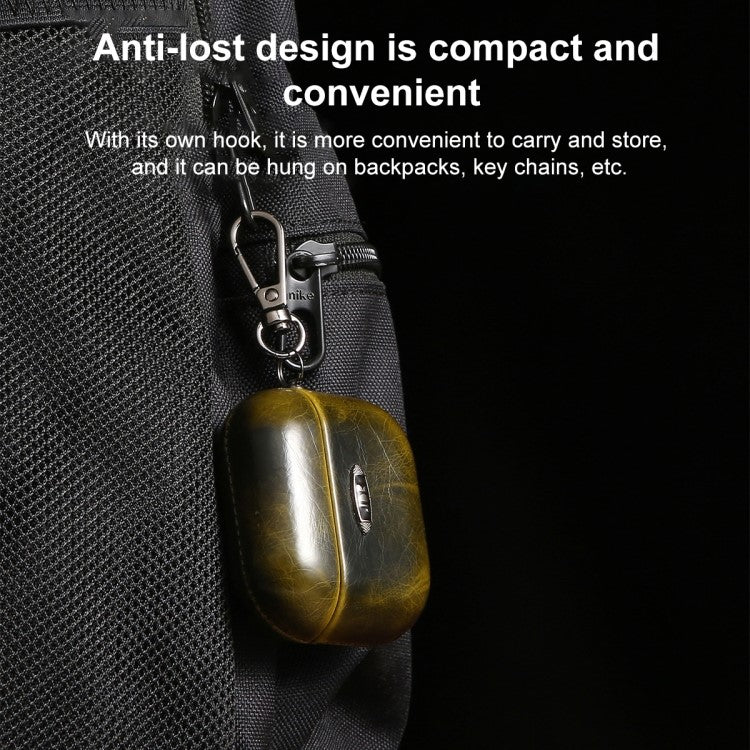 For Apple AirPods Pro Earphone Protective Case Waxy PU Leather Earbuds Charging Box Anti-scratch Cover with Hanging Buckle - Yellow
