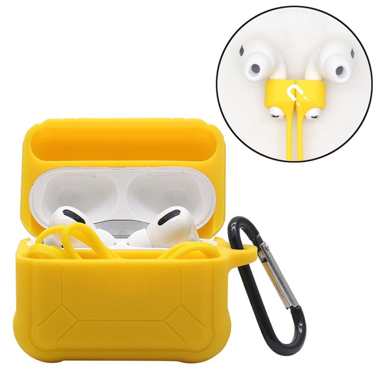 For Apple AirPods Pro 3-in-1 Silicone Protective Case + Anti-Lost Magnetic-Absorbed Strap + Carabiner Protection Set - Yellow