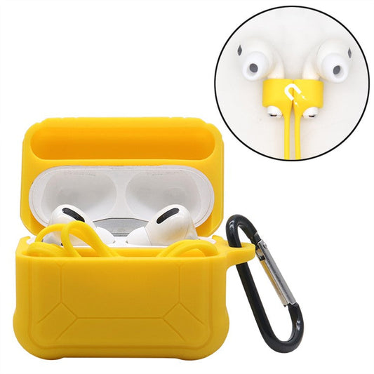 For Apple AirPods Pro 3-in-1 Silicone Protective Case + Anti-Lost Magnetic-Absorbed Strap + Carabiner Protection Set - Yellow
