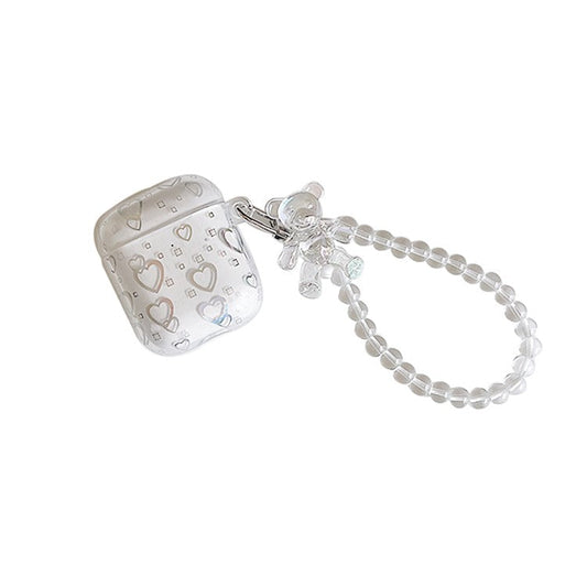 For Apple AirPods with Charging Case (2016)/(2019) / AirPods with Wireless Charging Case (2019) Stylish Transparent TPU Cover Electroplating Love Heart Pattern Earphone Case with Bear Pendant Bracelet