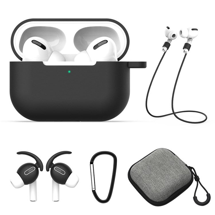 5Pcs/Set for Apple AirPods Pro Bluetooth Earphones Silicone Protective Case with Carabiner+Anti-lost Rope+Storage Case/Ear Cap - Black